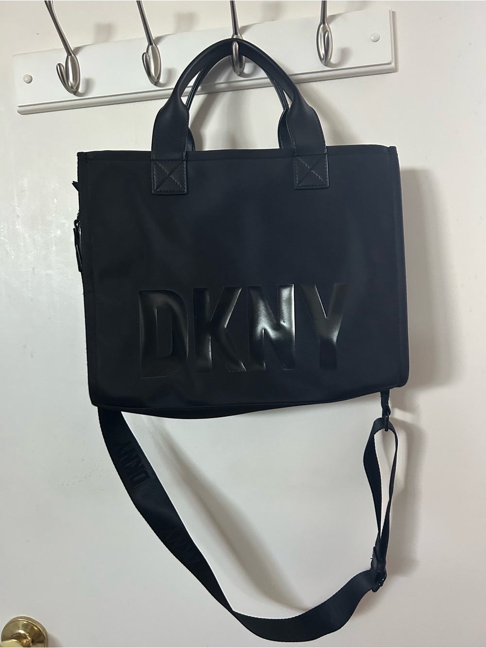 DKNYC Black Nylon Crossbody Tote with Raised Logo